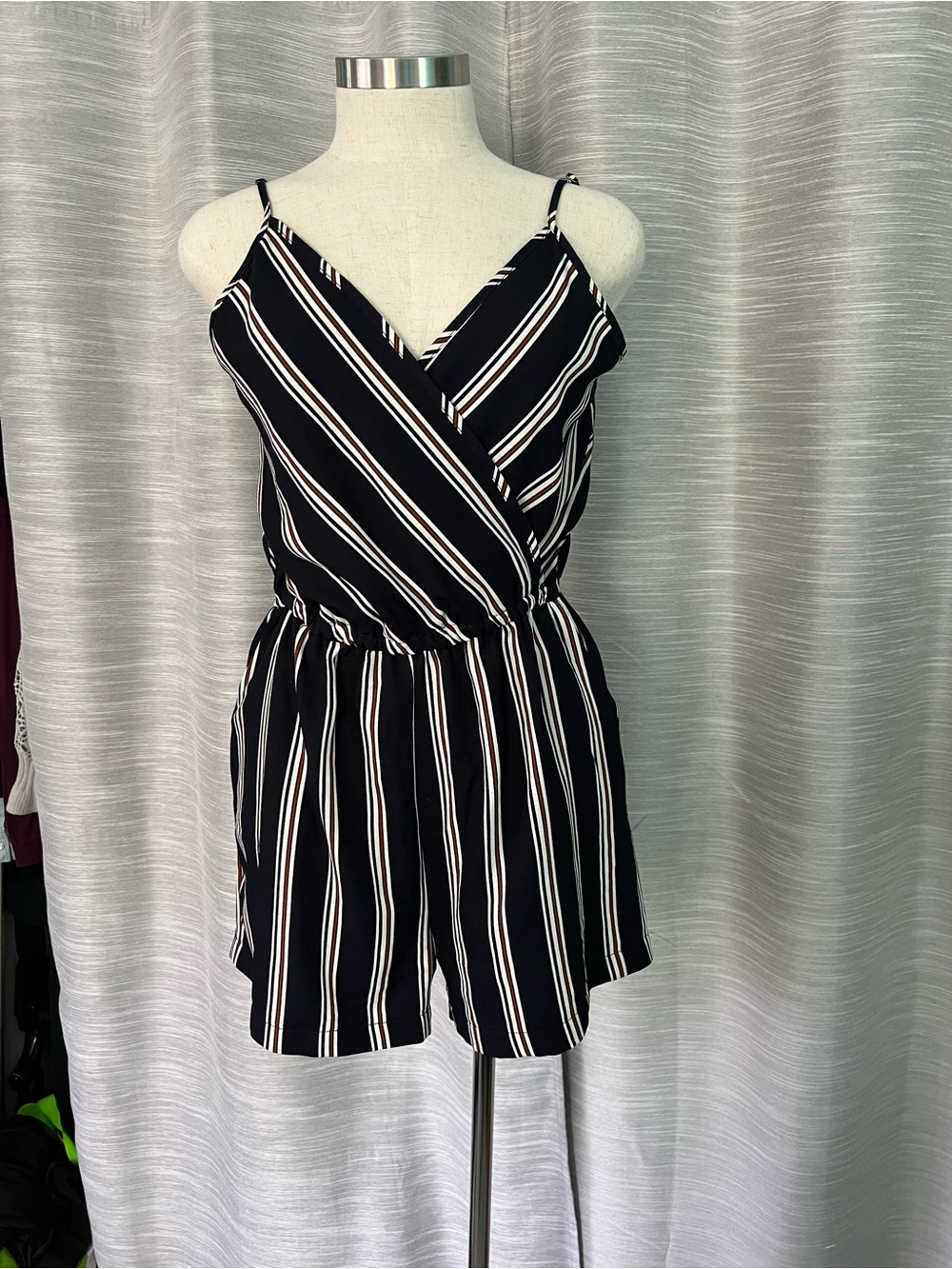 Ci Sono Navy Striped Jumpsuit with Brown & White Accents